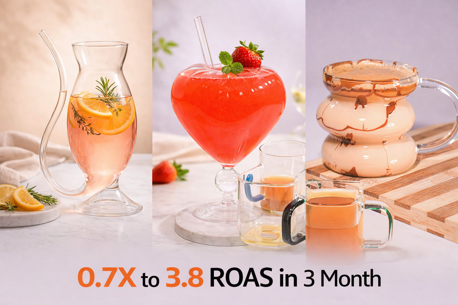 Bundle image of four premium glass drinkware products on a neutral background with overlay text “0.7X to 3.8 ROAS in 3 Month.