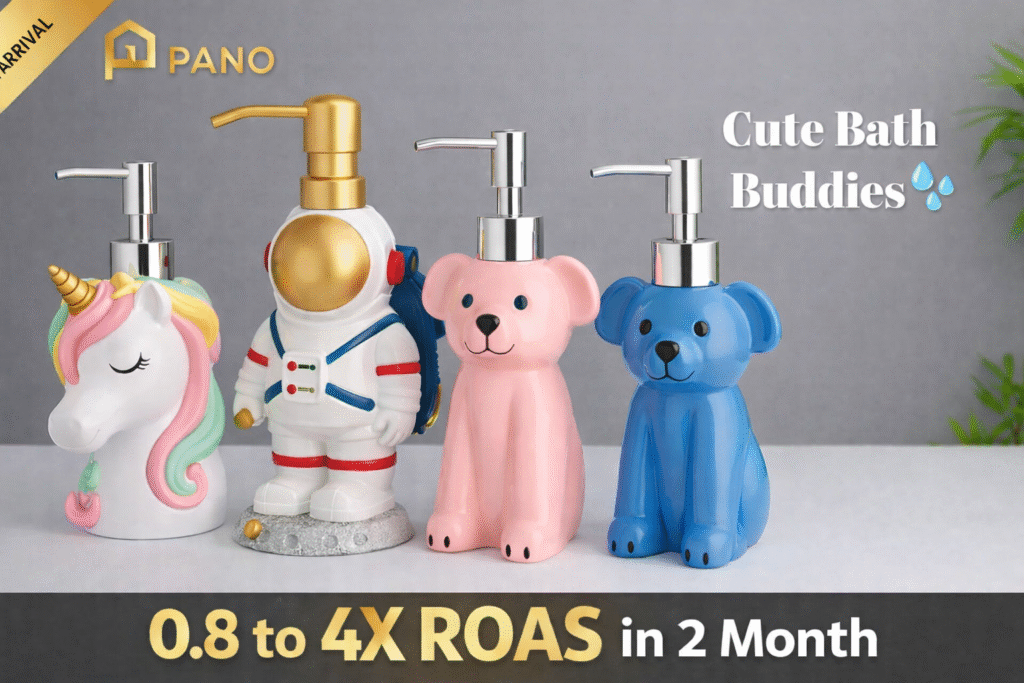Four cute character-shaped soap dispensers (unicorn, astronaut, pink bear, blue bear) displayed as a bath accessories ad with PANO logo and ‘0.8 to 4X ROAS in 2 Month’ text.